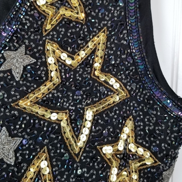 Amanda Smith Pure Silk Sequin Beaded Vest Size Large Stars Metallic Event Party - Picture 2 of 10